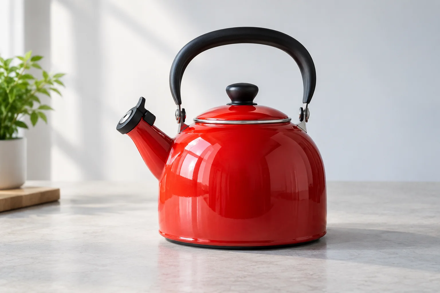 Red enamel kettle on a plain countertop, illustrating a clearly separated subject