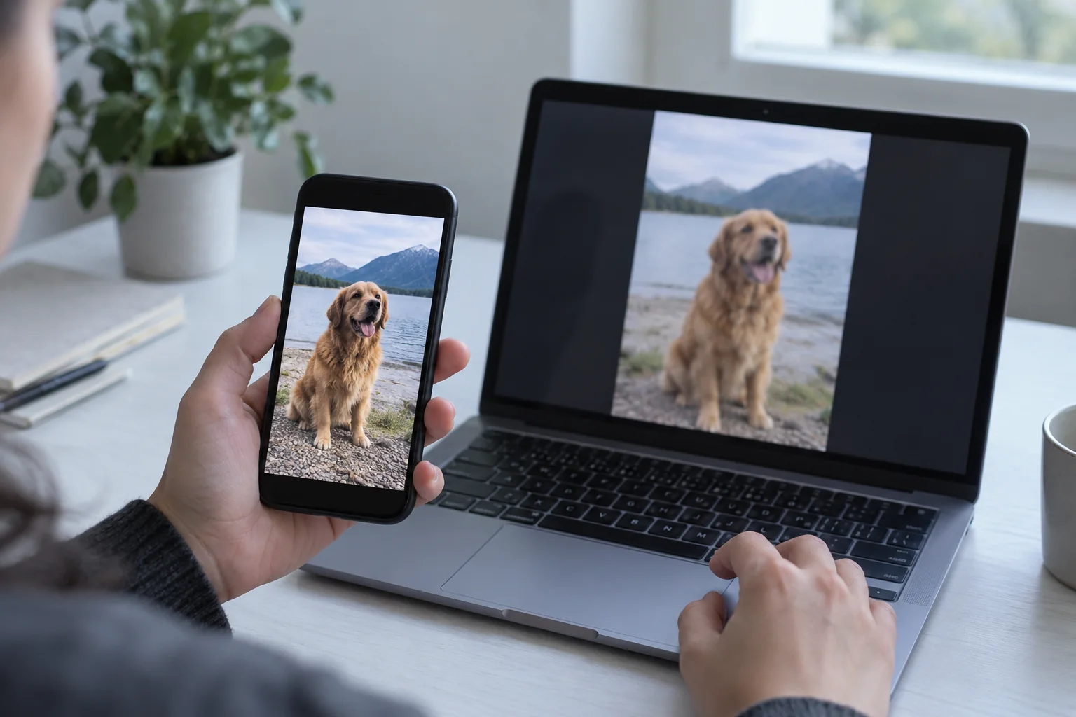 Illustrative comparison of a phone photo and a softer shared copy on a laptop