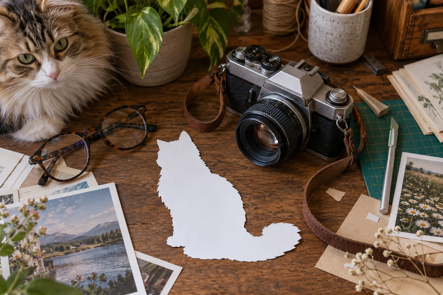 Illustrative desk with a vintage camera, a cat and a paper cat silhouette