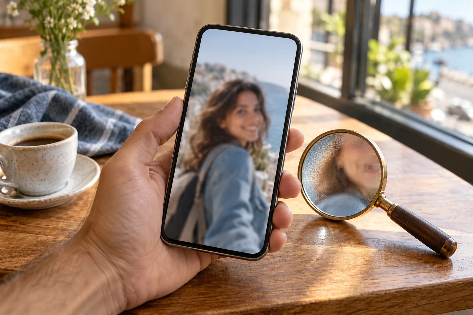Concept photo of a hand holding a phone with a soft portrait at a café table